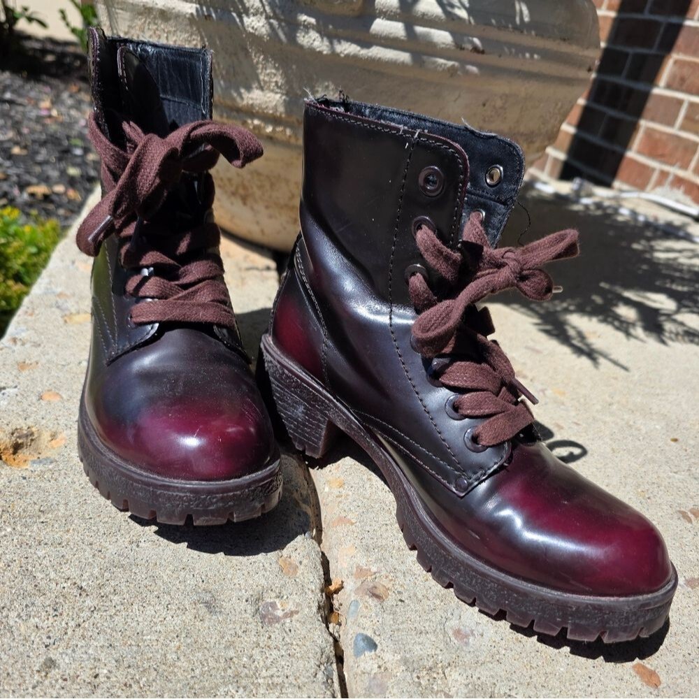 Aldo Burgundy Black Gummy Moto Biker Boots Sz 6.5 Goth Grunge Academia